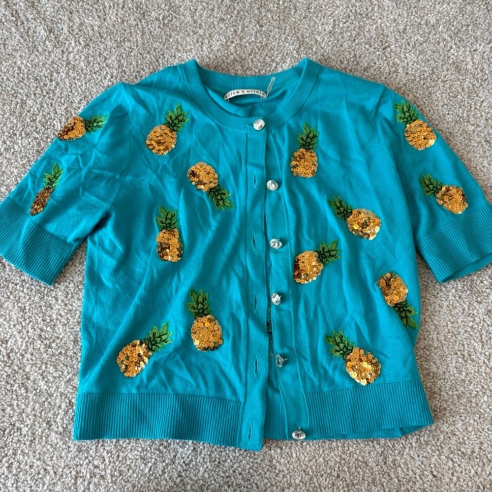 Alice + Olivia Brady Sequin Cardigan Womens Small Pineapple Crop Preppy Vacation